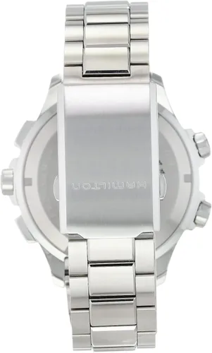Vista 3 de Hamilton Khaki Aviation X-Wind GMT Reloj de cuarzo suizo con cronógrafo de 1.811in, esfera azul, pulsera de acero inoxidable plateada
