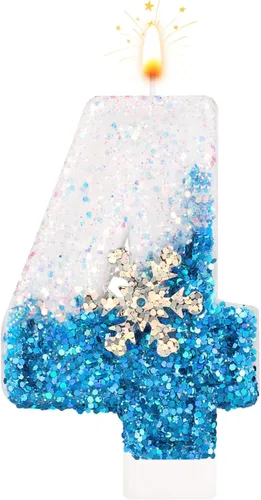 Vista 9 de Velas de cumpleaños del 0 al 9, velas de números con purpurina de copo de nieve, decoración de pasteles blancos y azules para niños y adultos
