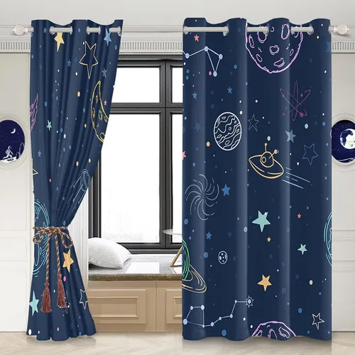 Vista 4 de Cortinas opacas de color azul marino para dormitorio de 84 pulgadas de largo con diseño de universo de dibujos animados, planeta, sala de estar