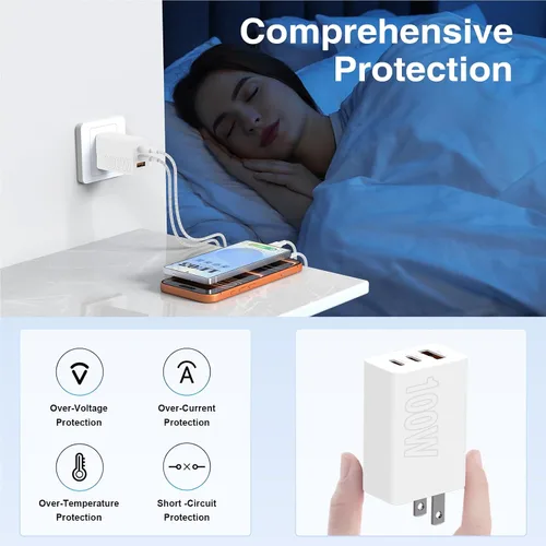 Vista 6 de USB C de carga súper rápida de 65 W para iPhone 17 16 Pro Max, bloque de carga USB C de 3 puertos de 100 W y cable trenzado tipo C de 3/6/6/10 pies