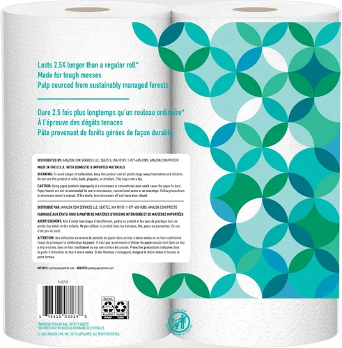 Vista 2 de Presto! Toallas de papel, 128 hojas, 6 rollos Flex-a-Size Rollo familiar 3 paquetes de 2 Blanco