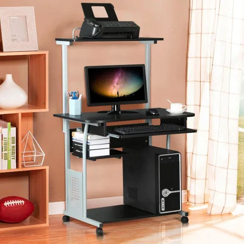 Vista 8 de Yaheetech Escritorio de computadora móvil de 2 niveles con estante para impresora y bandeja para teclado, mesa de computadora rodante para espacios
