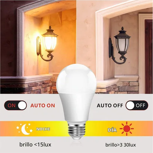 Vista 2 de Boxlood - Bombilla de luz del atardecer al amanecer, detector de sensor de luz integrado, 9 W (equivalente a 60 W), bombilla con sensor de 3000K-2P