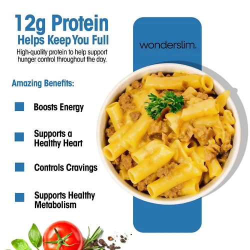 Vista 2 de WonderSlim Pasta de Proteína, Macarrones con Queso y Filete, 140 Calorías, 12g de Proteína (7 unidades)