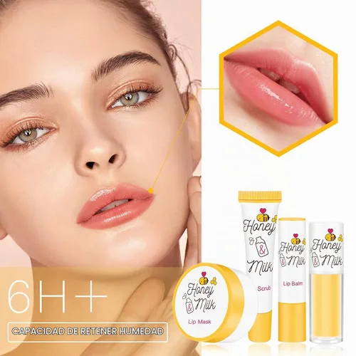 Vista 3 de Kit de cuidado de labios de 4 piezas con leche de miel, bálsamo
