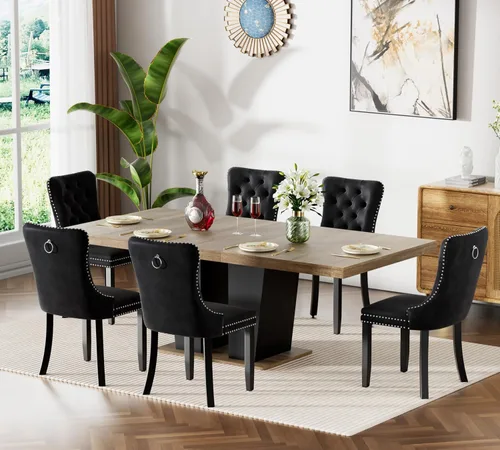 Vista 35 de Juego de mesa de comedor extensible de 63 a 79 pulgadas para 4, moderna mesa de cocina expandible con 4 sillas de terciopelo, mesa de madera gruesa