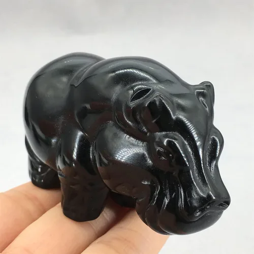 Vista 3 de Figura decorativa de hipopótamo tallada a mano de 3 pulgadas, cristal curativo de hipopótamo, obsidiana negra natural, hipopótamo, animal, figura