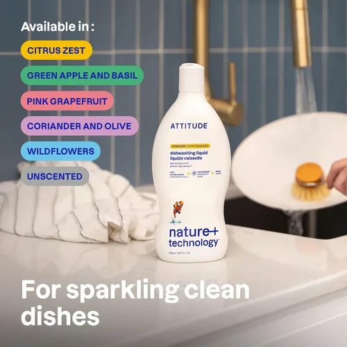 Vista 2 de ATTITUDE Jabón para platos, verificado por EWG, líquido para lavar platos a base de plantas y vegano, derivado de forma natural, ralladura