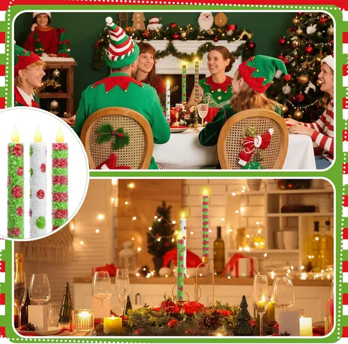 Vista 7 de Baquler 6 velas cónicas sin llama de Navidad de 10.6 pulgadas con temática de elfo, velas LED de Navidad que funcionan con pilas, candelabros