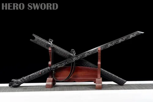 Vista 5 de Espada china de acero al manganeso de alto manganeso negro Tang Dao - Espada china lista para combate, cuchillos de hoja afilada de espiga completa