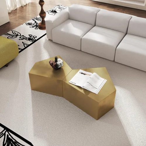 Vista 3 de Yoglad Juego de 2 mesas de centro anidables del Pentágono, mesas de café de forma irregular, muebles modernos de estilo industrial, no necesita