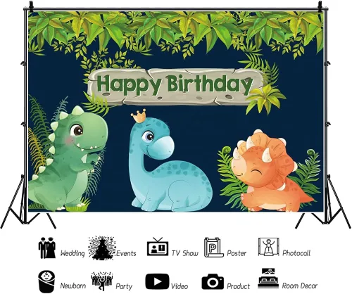 Vista 2 de Fondo de cumpleaños de dinosaurio de dibujos animados de 5 x 3 pies, fiesta temática de dinosaurios, fiesta de baby shower, fondo de fotografía