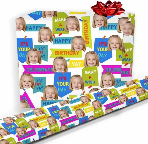 Vista 23 de Papel de regalo personalizado, divertido papel de regalo para cara, foto, nombre, Día del Padre, rollo de regalo para papá, hombres, mujeres, niños