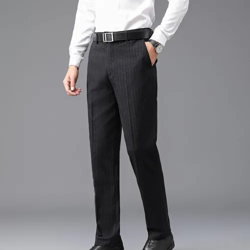 Vista 8 de oelaio Pantalones de vestir a rayas para hombre, grandes y altos, ajustados, para negocios, frente plano, pantalones chinos para hombre