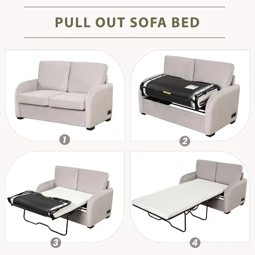 Vista 6 de Sofá cama extraíble, sofá biplaza 2 en 1 con colchón de espuma plegable, sofá cama extraíble de terciopelo con puerto de carga USB y enchufe de 3