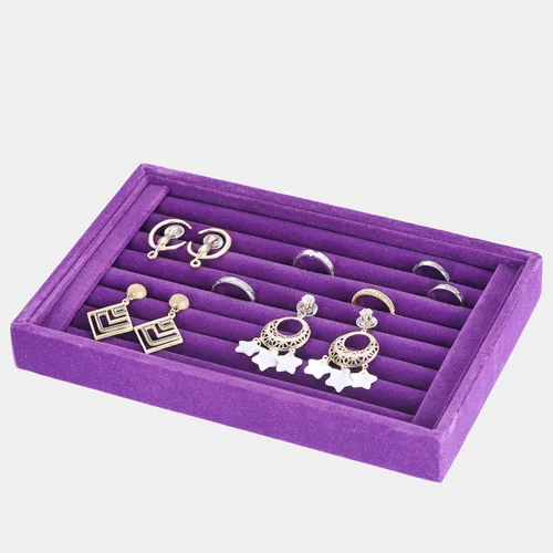 Vista 2 de Bandejas de terciopelo con 7 ranuras para anillos y aretes, escaparate, organizador de joyas (morado)