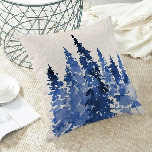 Vista 5 de AEIOAE - Juego de 2 fundas de almohada navideñas de 45.7 x 45.7 cm, decoración azul de árboles navideños, funda de almohada rústica de granja