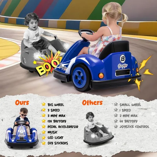 Vista 5 de Coche parachoques para niños con rueda grande, 3.1 MPh máximo, auto parachoques de 12 V con control remoto, automóvil eléctrico con calcomanías