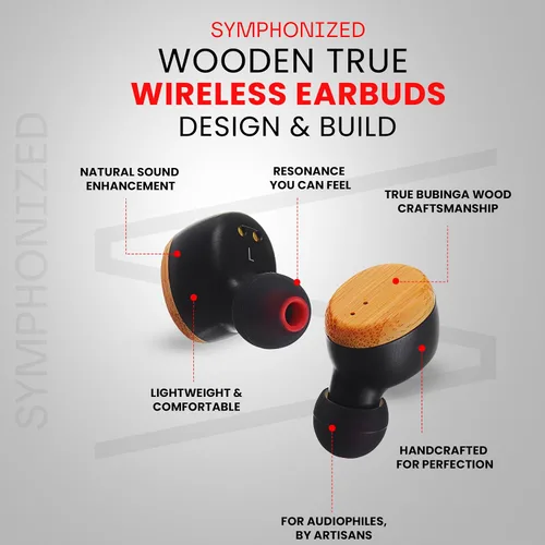 Vista 2 de Symphonized Auriculares inalámbricos de madera con graves profundos, 35 horas de reproducción de sonido 3D. Cancelación de ruido con micrófono.