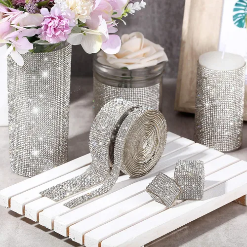 Vista 2 de 2 rollos de 6 yardas con diamantes de imitación autoadhesivos de cristal brillante para decoración de bricolaje, cinta de diamante con diamantes