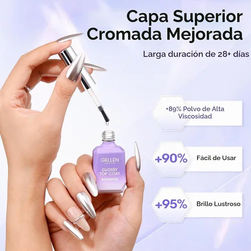 Vista 4 de GELLEN - Capa superior de gel cromado, para esmalte de gel en polvo de uñas, curado UV