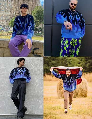 Vista 115 de ZAFUL Y2K - Suéter casual con estampado de llama estética para hombre, suéter de punto holgado, manga larga, cuello redondo