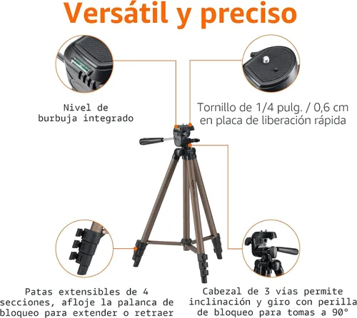 Vista 2 de Amazon Basics Soporte de trípode portátil ligero de 50 pulgadas con placa de liberación rápida, altura ajustable, aluminio, para fotografía