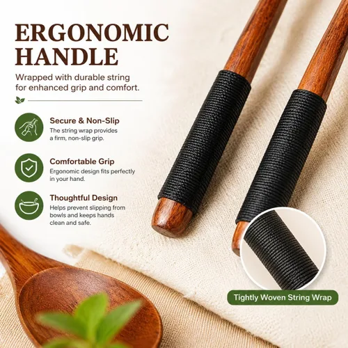 Vista 4 de Muulaii - Paquete de 6 cucharas de madera para sopa, cuchara de madera de mango largo de 9 pulgadas Madera natural Nanmu, laca de grado
