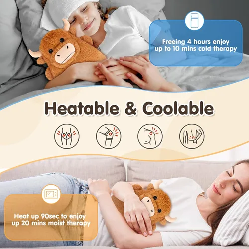 Vista 3 de Highland Cow Almohadillas térmicas para microondas para vientre, cuello y hombros, felpa calentable con calor húmedo, funda de felpa extraíble