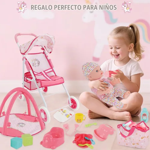 Vista 8 de deAO Juego de Cochecito de Muñeca Bebé con Muñecas Bebé de 12" Juego de Guardería de 17 PIEZAS Accesorios para Muñecas Bebé con Tapete de Juego