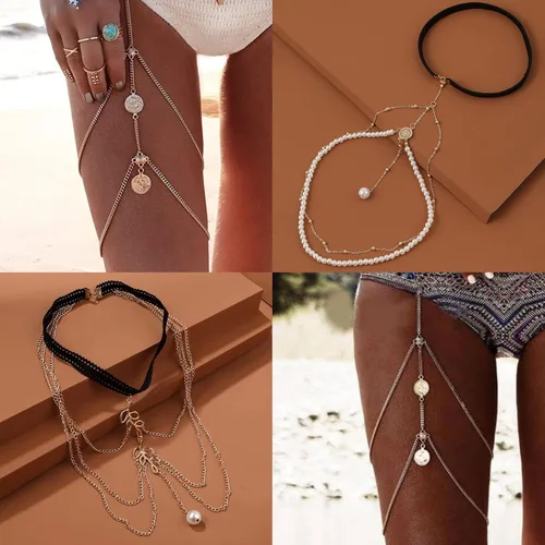 Vista 7 de Cadena de muslo para mujer, cadena de pierna de mariposa vintage para adolescentes, niñas, cadena de cuerpo bohemia en capas para verano, fresca