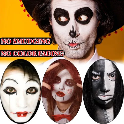 Vista 4 de Pintura facial de payaso negro, blanco, rojo, profesional, impermeable, kit de maquillaje de Halloween, pintura facial de payaso, cosplay, bromista
