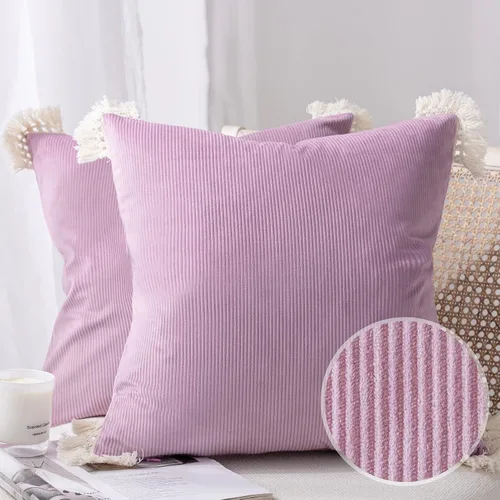 Vista 17 de Phantoscope Paquete de 2 fundas de almohada de pana suave para Halloween y otoño, decorativas de terciopelo a rayas con borlas de algodón, fundas