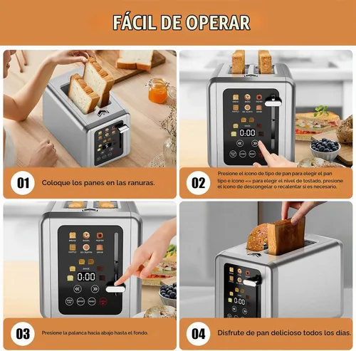 Vista 8 de WUNLY Tostadora de 2 Rebanadas, Panel de Control Dual Independiente con Pantalla Táctil, 5 Funciones Básicas y Cuenta Regresiva Digital, 6 Ajustes
