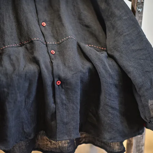 Vista 6 de NFYM Camisa de lino y lino con botones para mujer, hecha a mano, manga larga, ajuste holgado, cuello con bolsillo