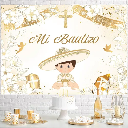 Vista 3 de Withu Telón de fondo dorado Mi Bautizo para niño, paloma, Santa Biblia, Cruz, Primera Comunión, sesión de fotos para niños, ceremonia cristiana