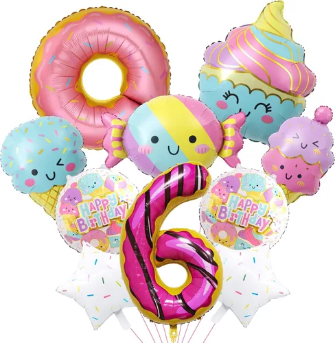Vista 13 de 10 globos de helado, globos de papel de aluminio Mylar con número de dona de caramelo, temática de helado, suministros de fiesta de primer cumpleaños