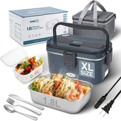Vista 15 de SOHIDA Fiambrera eléctrica, calentador de alimentos portátil de 12 V/24 V/110 V con tenedor SS y cuchara para coche/camión/oficina, lonchera Negro