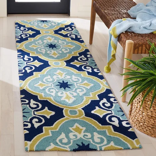 Vista 8 de SAFAVIEH Four Seasons Collection - Alfombra de pasillo, 2 pies 3 pulgadas x 8 pies, azul marino y azul, floral enganchada a mano, no desprende