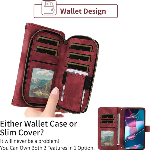 Vista 3 de Funda para teléfono Motorola Edge + Plus 2022/Edge X30/30 Pro con protector de pantalla de vidrio templado, correa cruzada, soporte con cremallera