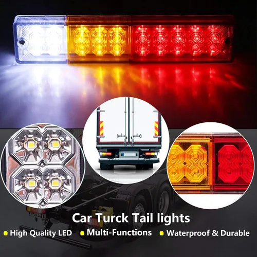 Vista 2 de 2 Barras de Luces Traseras para Remolque, Impermeables, 20 LED DC 12V, Señal de Giro Ámbar, Reversa Blanca, Lámpara de Funcionamiento de Freno Roja