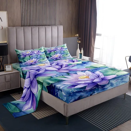 Vista 3 de Manfei Juego de sábanas de flor de loto morado, tamaño individual, juego de ropa de cama bohemio con libélula para niños, niñas y adultos, juego
