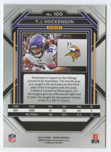 Vista 2 de Panini Prizm #100 T.J. Hockenson Minnesota Vikings NFL 2022 - Trading Card