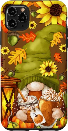 Vista 13 de iPhone 13 Pro Max Lindo gnomo de especias de calabaza con árbol de otoño hojas de otoño