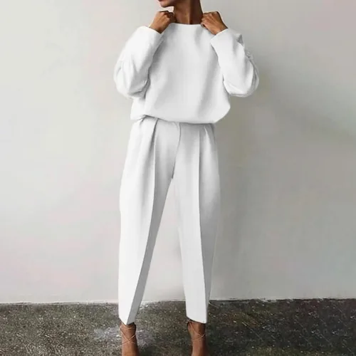 Vista 2 de Hugncmy Conjunto de pantalones casuales de dos piezas de manga larga de color sólido suelto para mujer de otoño e invierno
