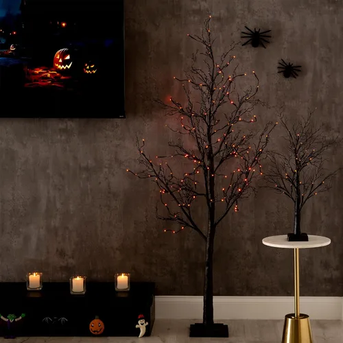 Vista 11 de Nearly Natural Árbol de otoño artificial de ramita negra preiluminado de 6 pies con 300 luces LED naranjas y moradas