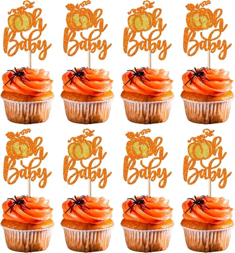 Vista 24 de Paquete de 24 adornos para cupcakes de calabaza con purpurina para cupcakes de calabaza para Acción de Gracias, baby shower, decoración de cupcakes
