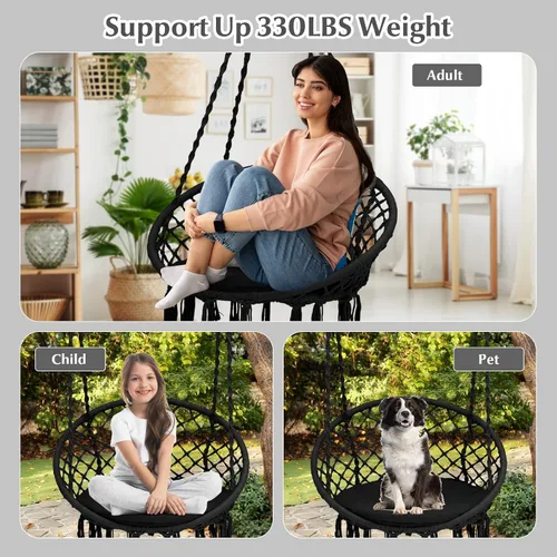 Vista 8 de Tangkula Silla hamaca con cojín, estilo bohemio de macramé con kit de accesorios para colgar y correa, columpio de cuerda colgante para interiores