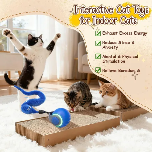 Vista 6 de 1 pelota interactiva de juguete para gatos, cola rápida y cola de gato en movimiento, juguetes interactivos para interiores para aburrimiento, Azul