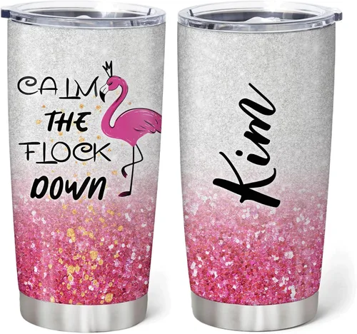 Vista 20 de Hyturtle Regalos personalizados para los amantes de los flamencos, cumpleaños, Navidad, vaso de acero inoxidable con nombre personalizado, 20 onzas